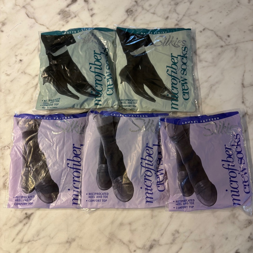 New Vintage Silkies Microfiber Crew Socks Lot of 5 Black Brown Navy Creme